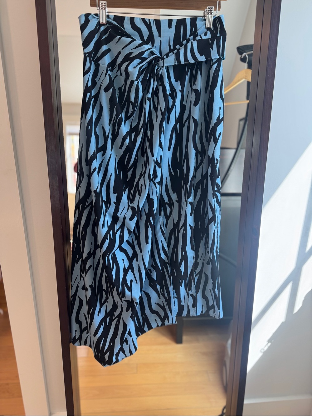 Topshop Black & Light Blue Abstract Tie-Front Midi Skirt